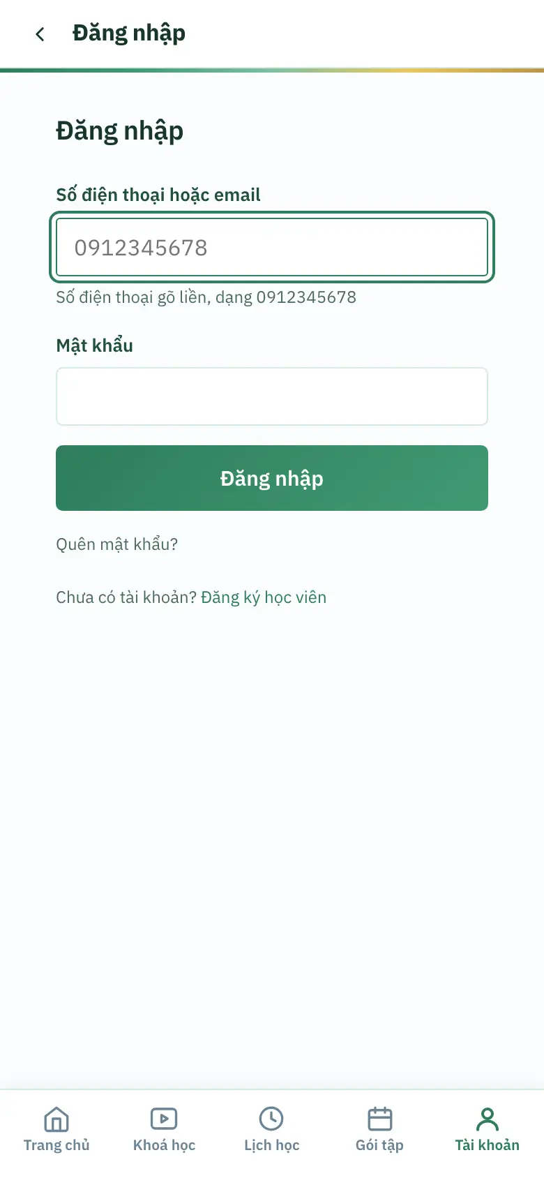 Màn Đăng nhập trên điện thoại