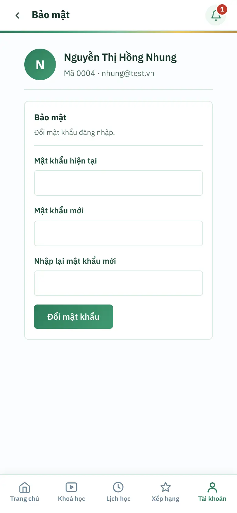 Màn Bảo mật trên điện thoại: ba ô mật khẩu và nút Đổi mật khẩu
