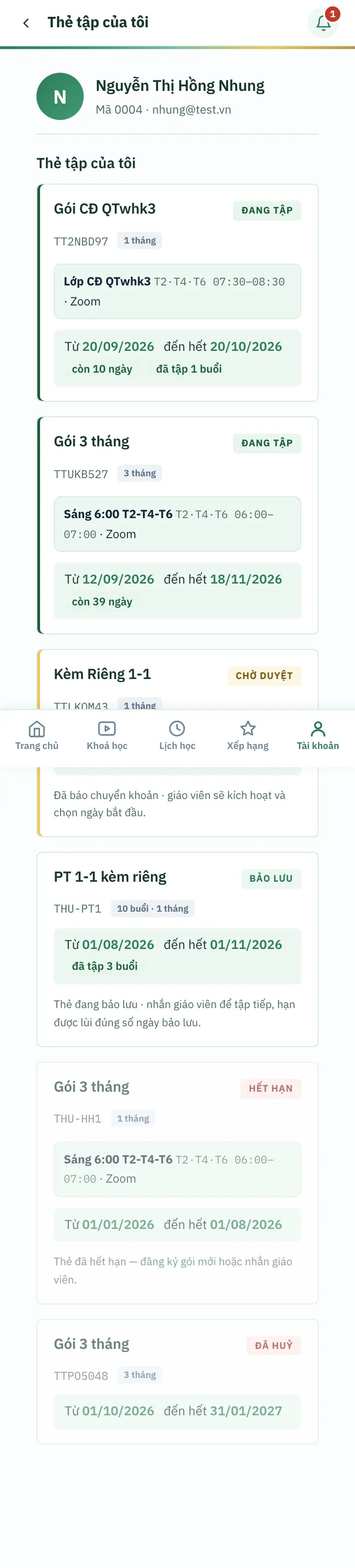 Thẻ tập của tôi trên điện thoại: mỗi thẻ có mã, nhãn trạng thái (ĐANG TẬP, CHỜ DUYỆT, BẢO LƯU, HẾT HẠN, ĐÃ HUỶ), ca tập, ngày bắt đầu – hết hạn và ô còn N ngày / đã tập N buổi